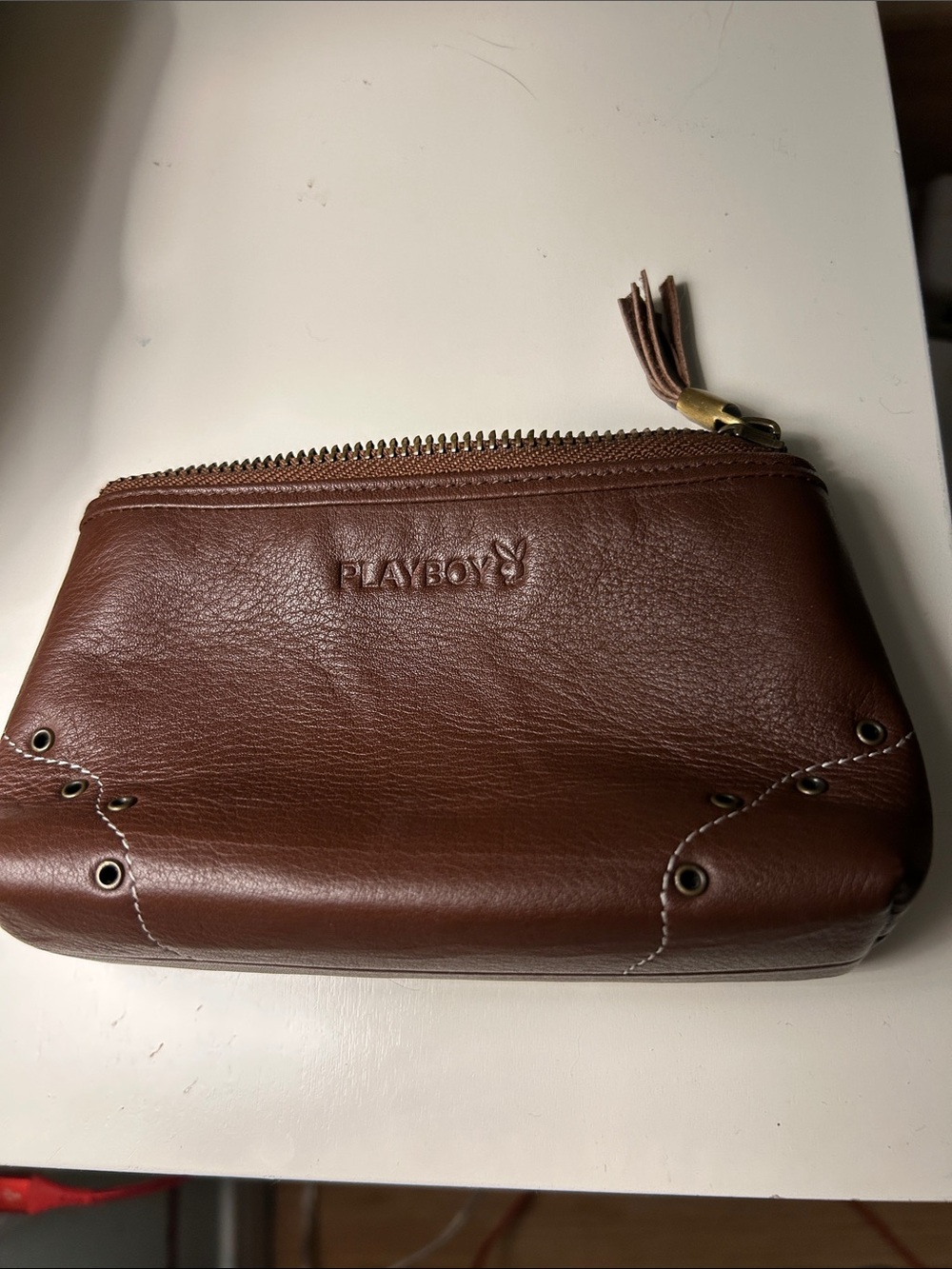 PLAYBOY Brown Leather Zip Pouch with Tassel